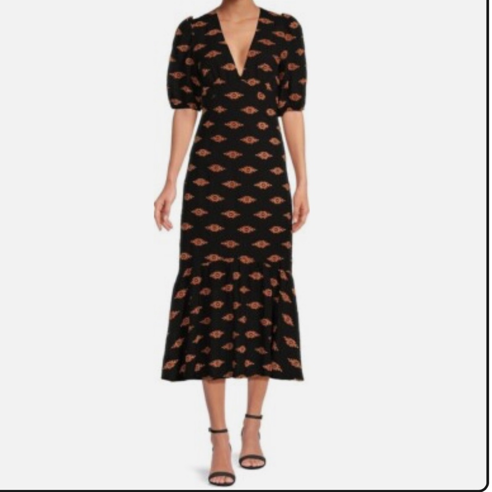 RHODE Sz 2 Dress Ester Ikat Midi Black Orange Embroidered Puff Sleeve Western